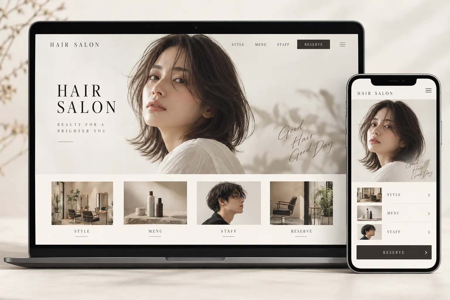 美容室 LPデザインのPCとスマートフォン表示モックアップ